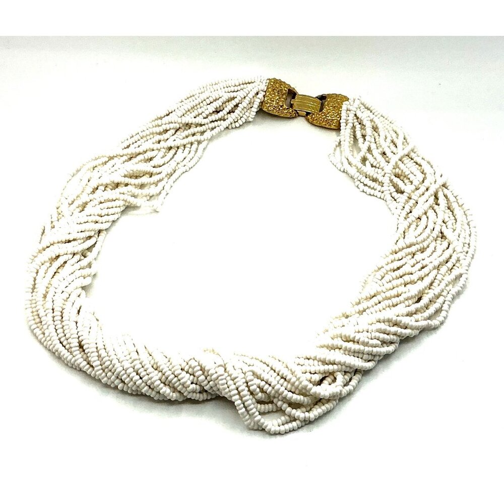 Vintage Multi-Strand White Beaded Necklace With Gold Clasp